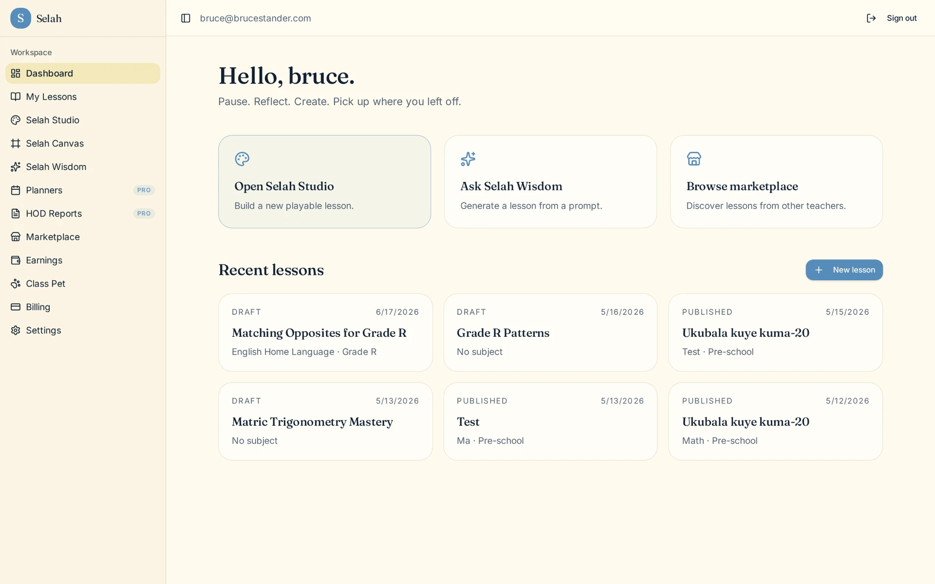 Teacher dashboard with quick entry to Studio, Wisdom and marketplace plus recent lessons