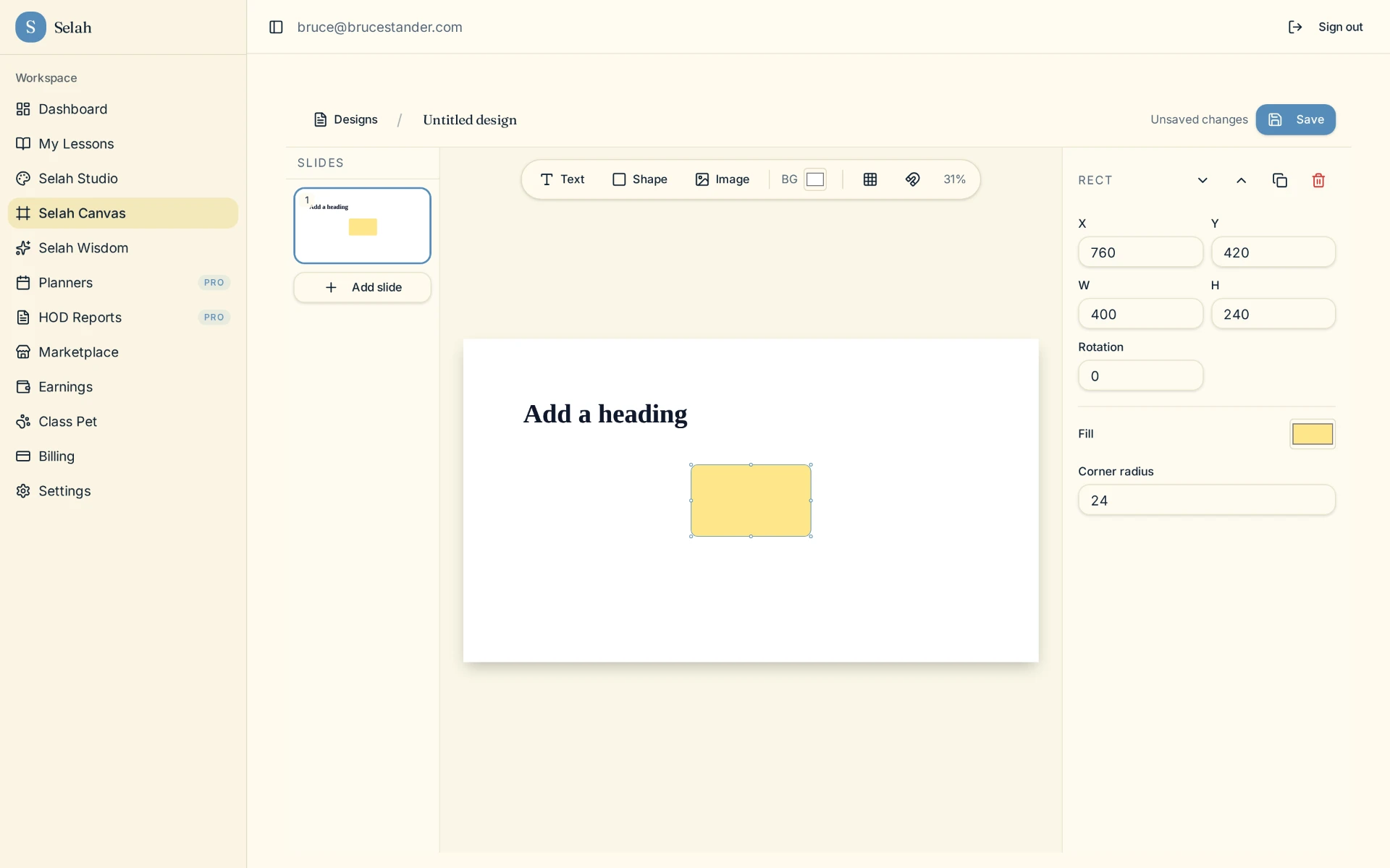 Selah Canvas free form design surface with slide thumbnails and shape property controls