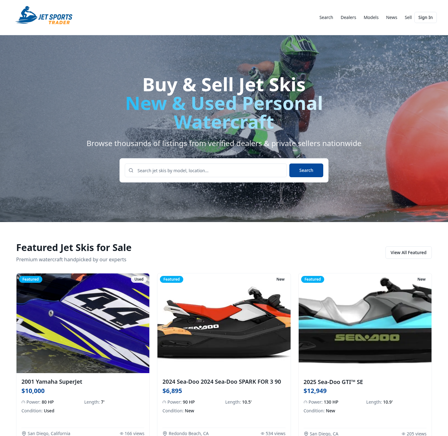 Marketplace homepage with hero search and featured jet ski listings