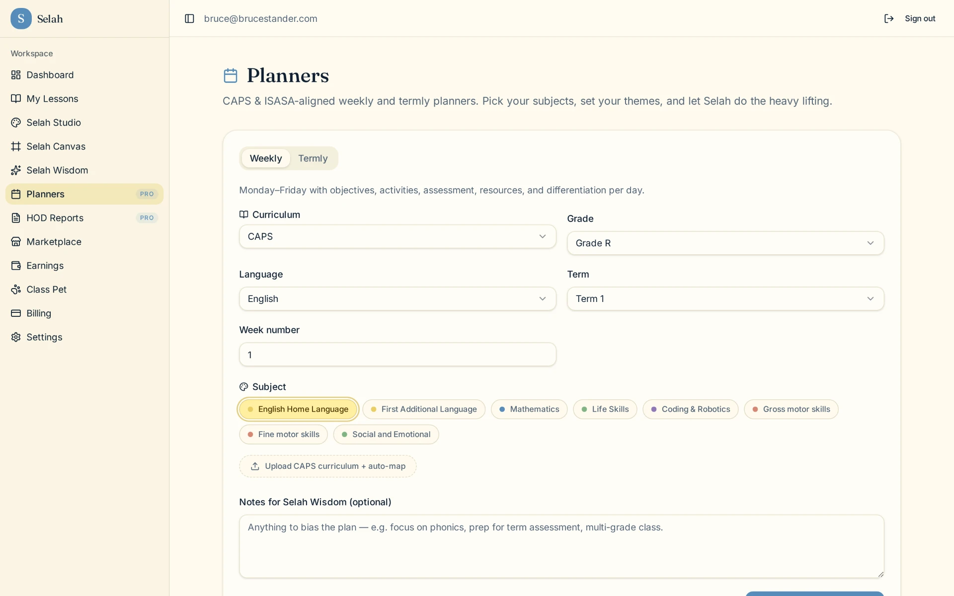 CAPS and ISASA planner builder with curriculum, grade, term, language and subject chips