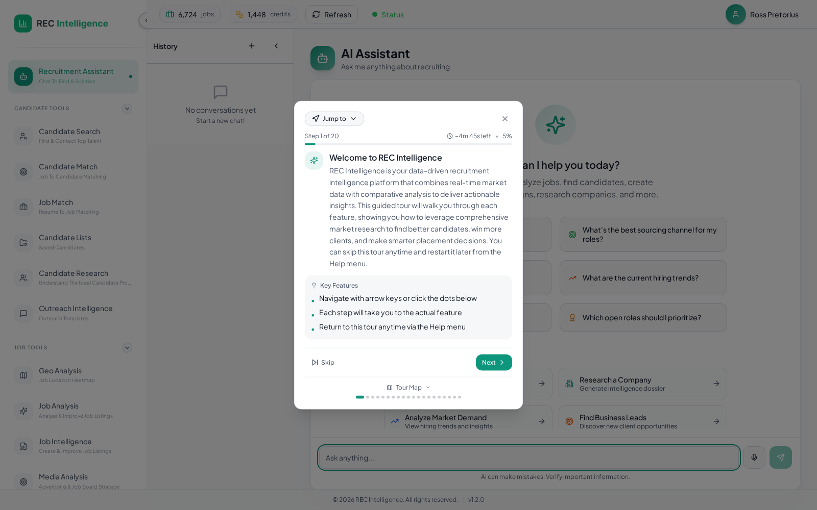 Logged-in dashboard with the AI recruiting assistant