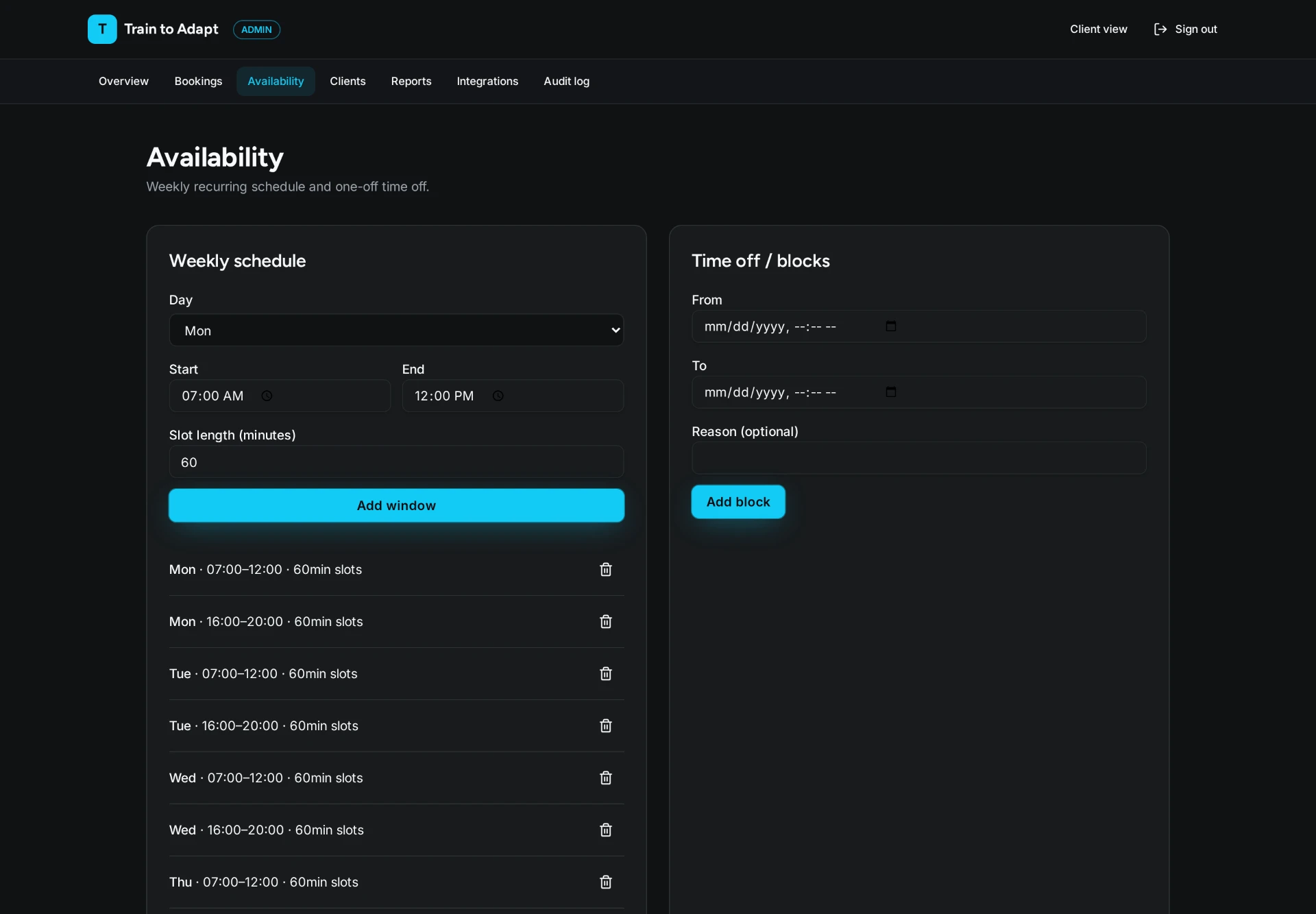 Weekly schedule and time-off builder