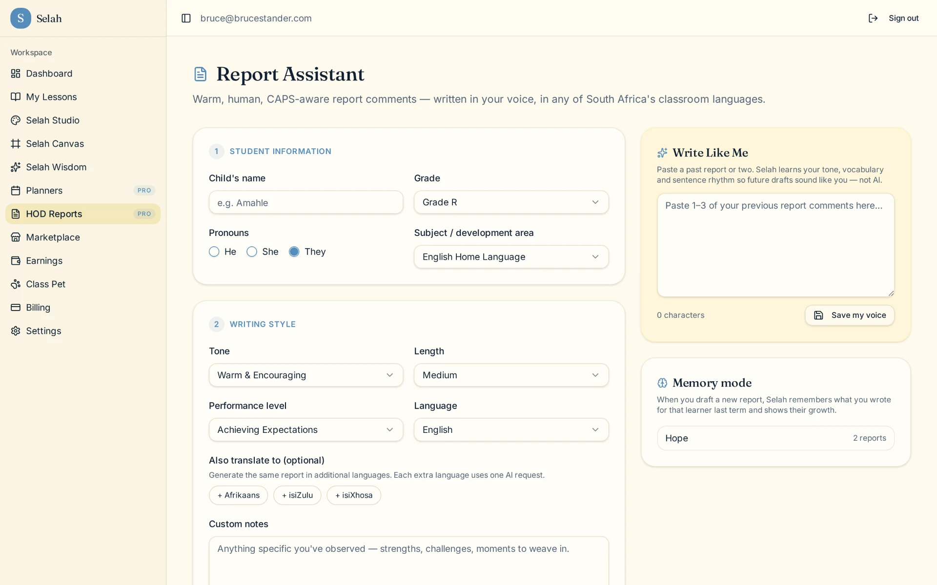 Report Assistant wizard with Write Like Me tone learning and memory mode panels