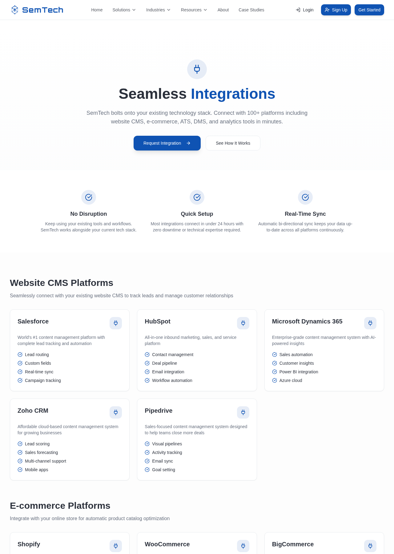 Integrations with website CMS, e-commerce and analytics platforms