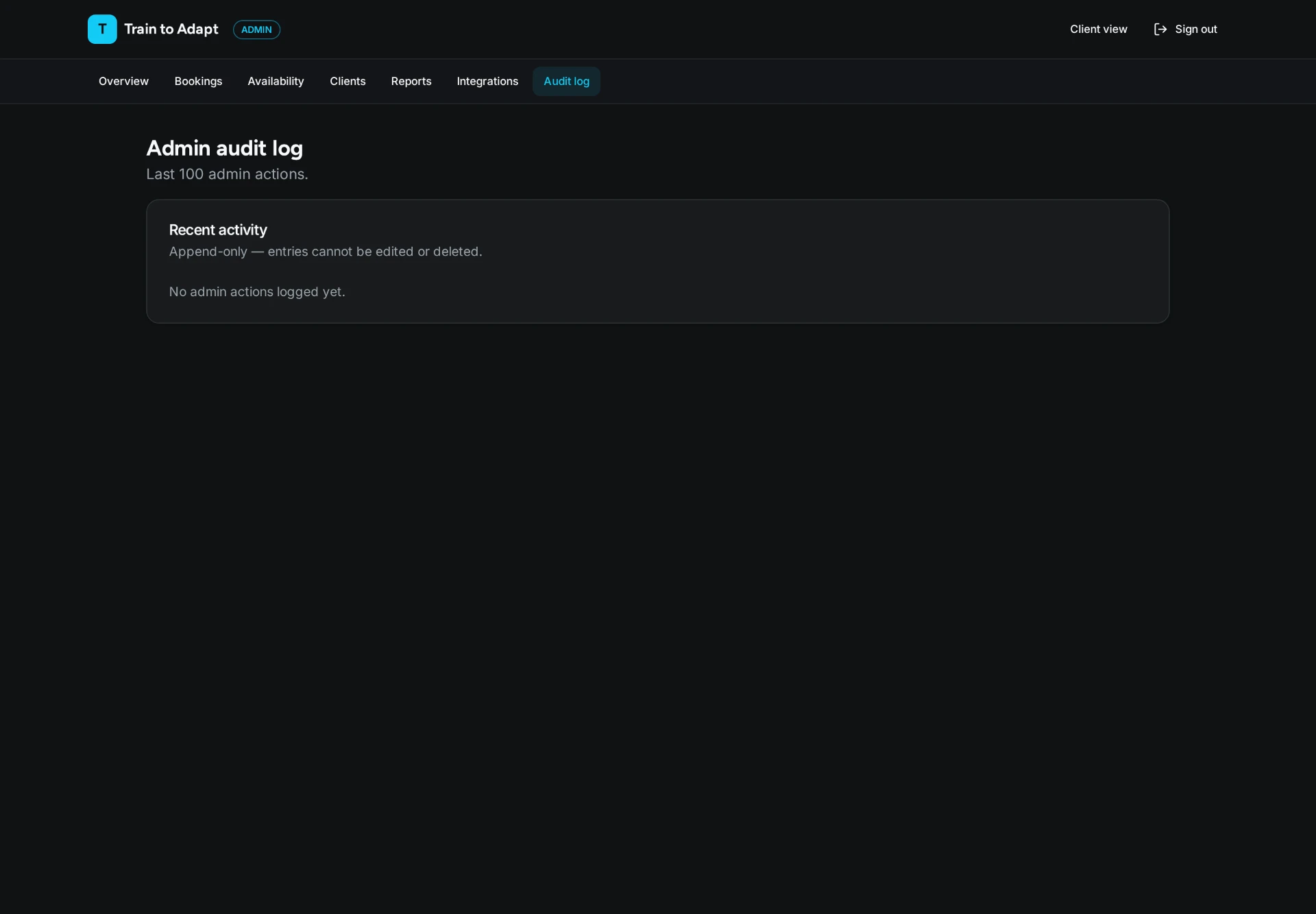 Append-only admin audit log