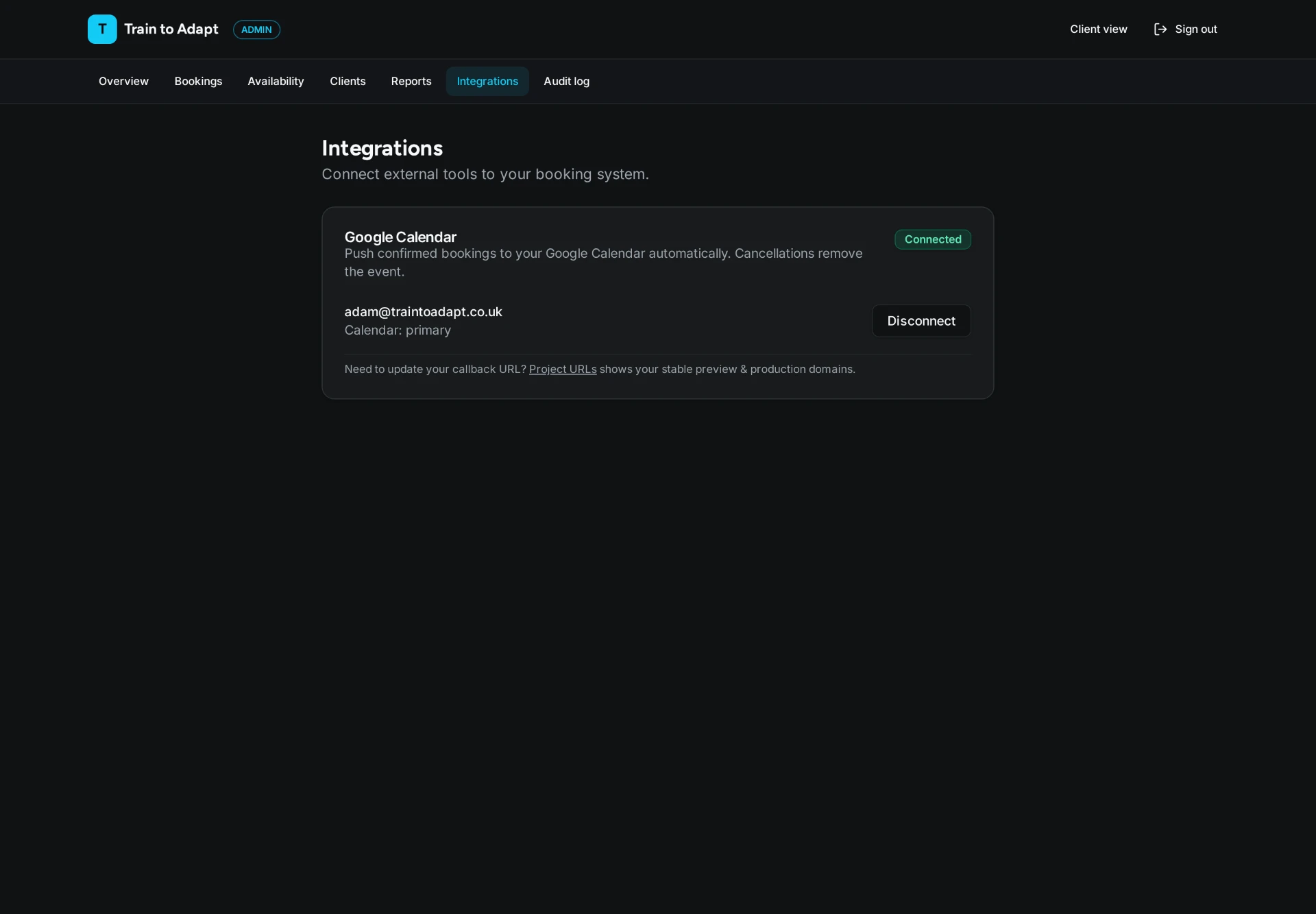 Google Calendar integration settings