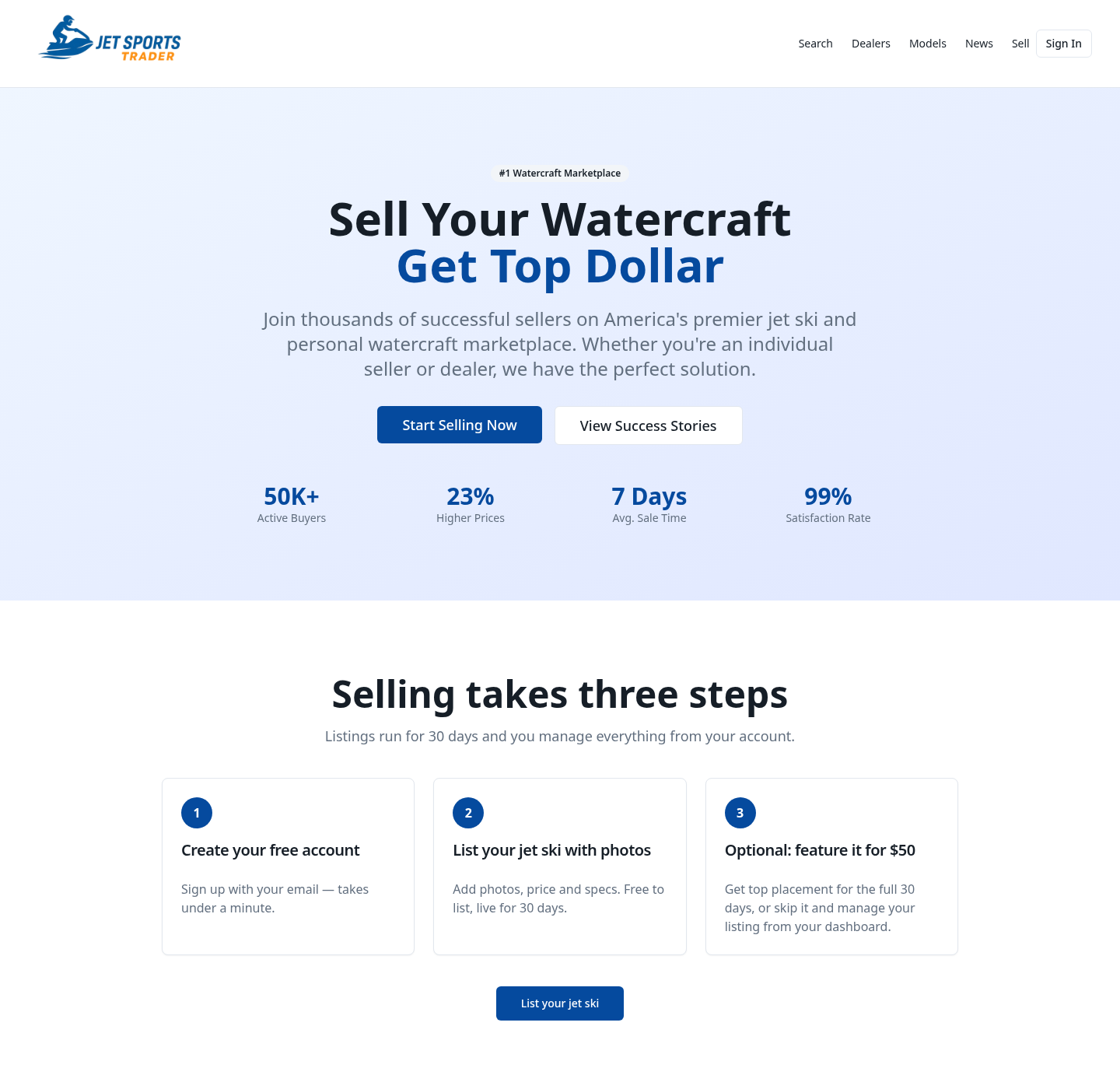 Sell your watercraft page with the three step selling flow