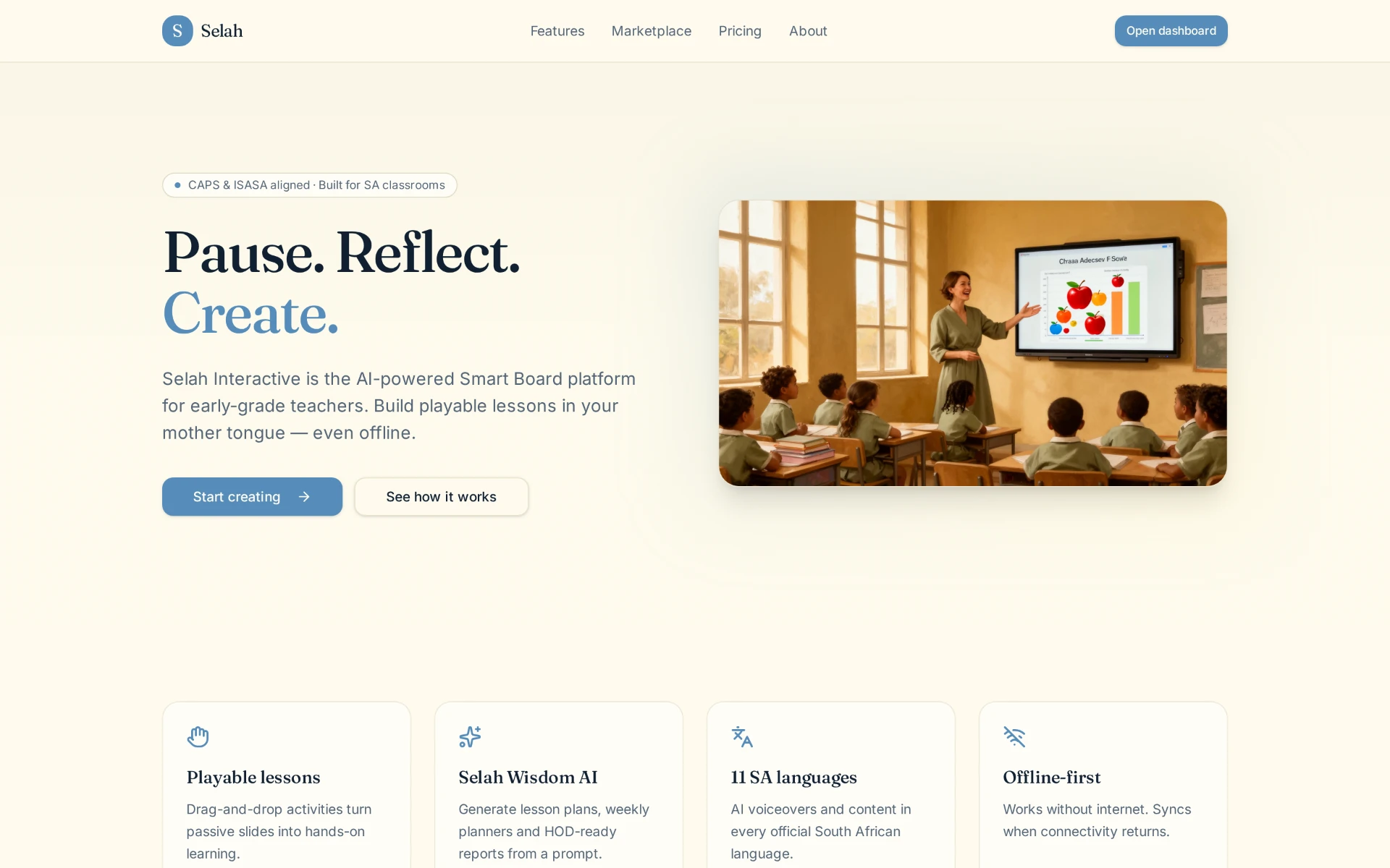Selah Interactive landing page setting out playable lessons, Wisdom AI, 11 languages and offline first