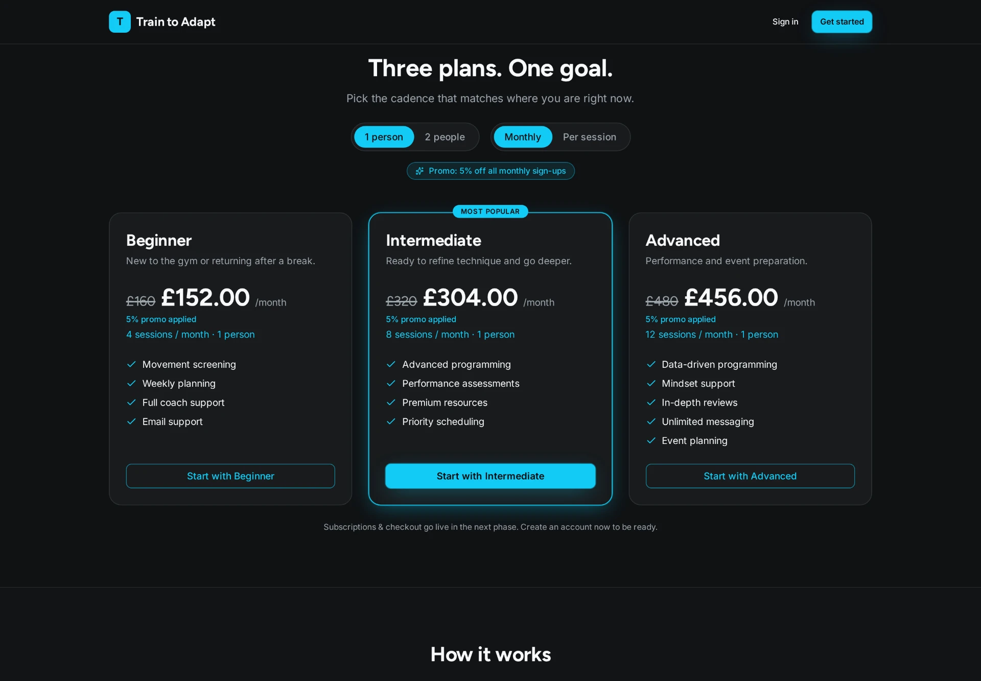 Pricing tiers with person and billing cadence toggles