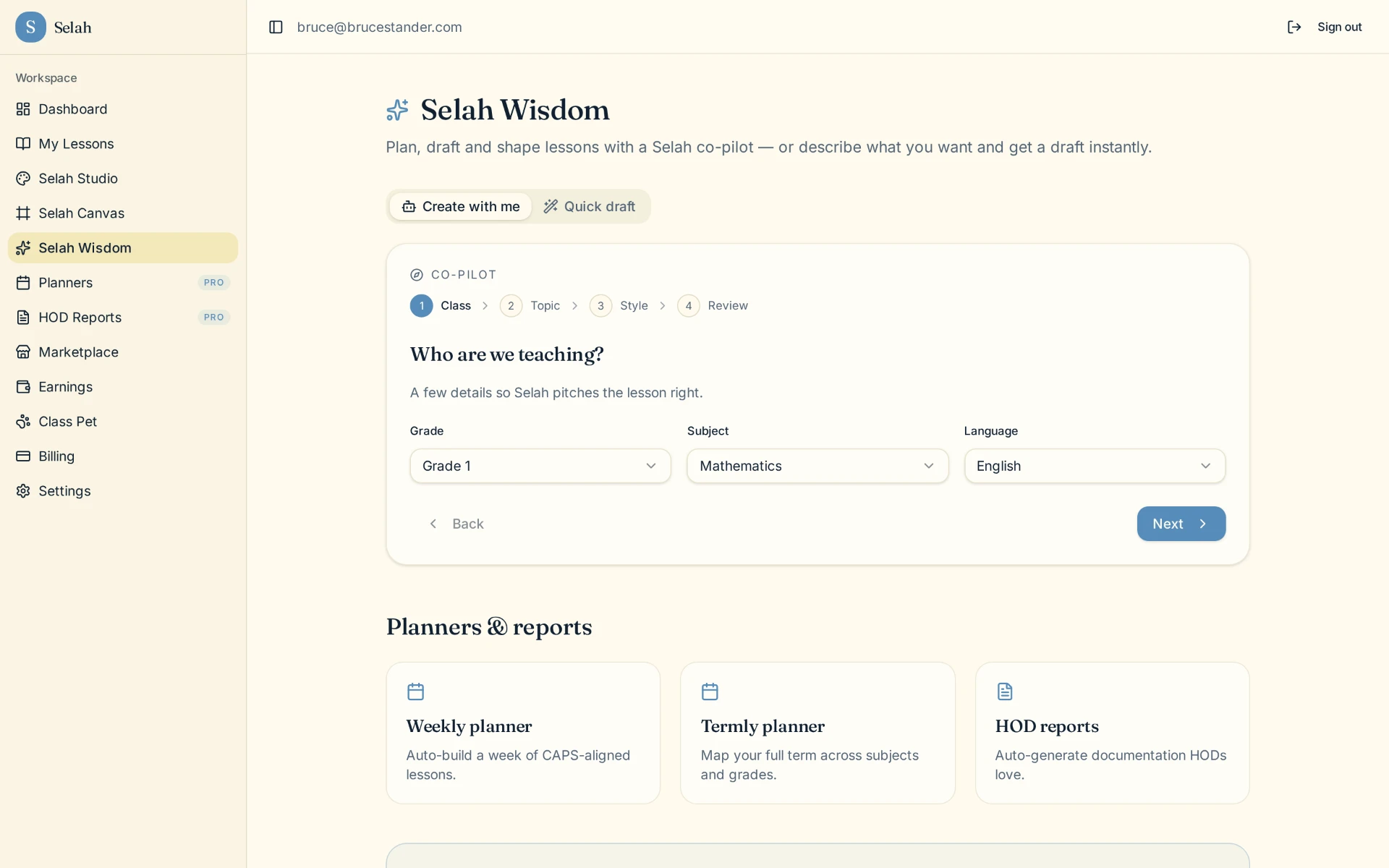 Selah Wisdom AI co-pilot guided flow for class, topic, style and review with planners and reports
