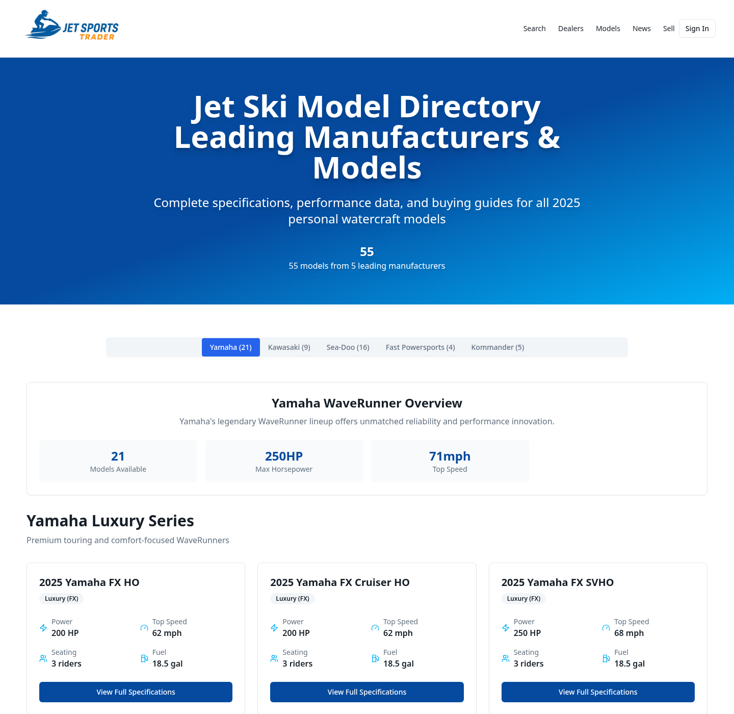 Model directory with manufacturer tabs and specification cards