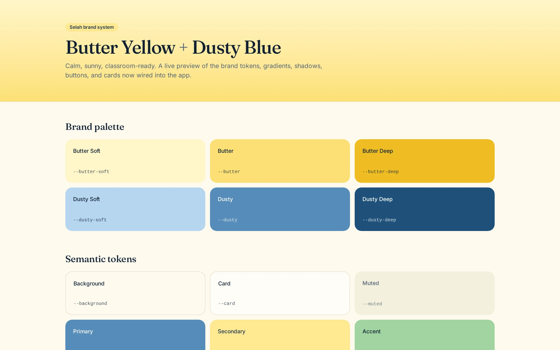 Brand system page showing the butter yellow and dusty blue palette with semantic design tokens