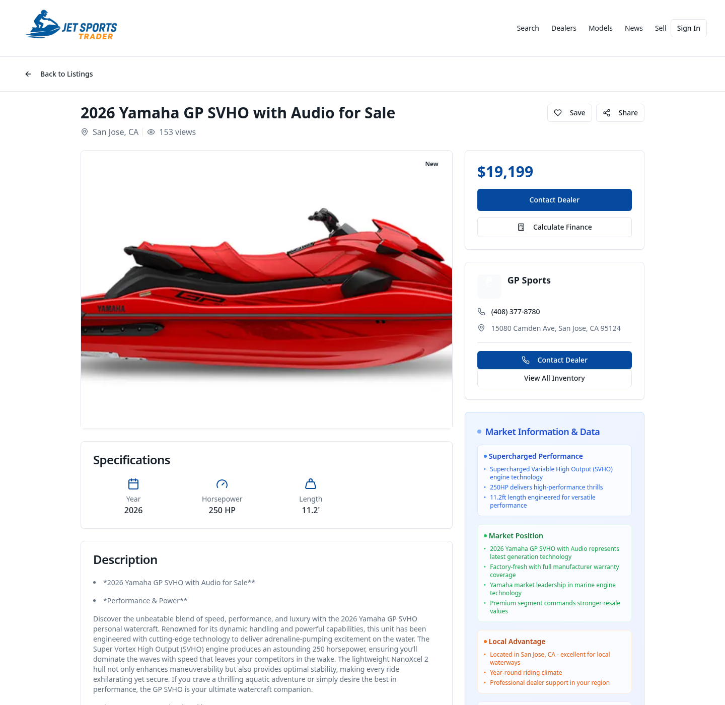 Listing detail page with gallery, specifications, dealer block and finance entry point