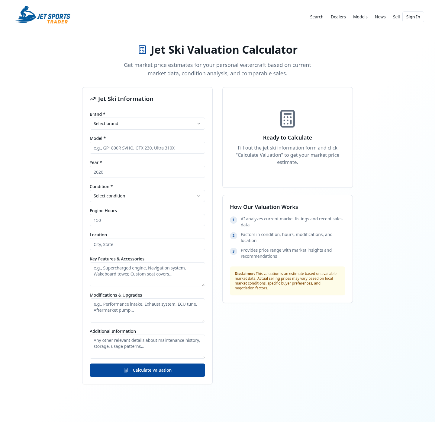 Valuation calculator collecting brand, model, year, condition and hours
