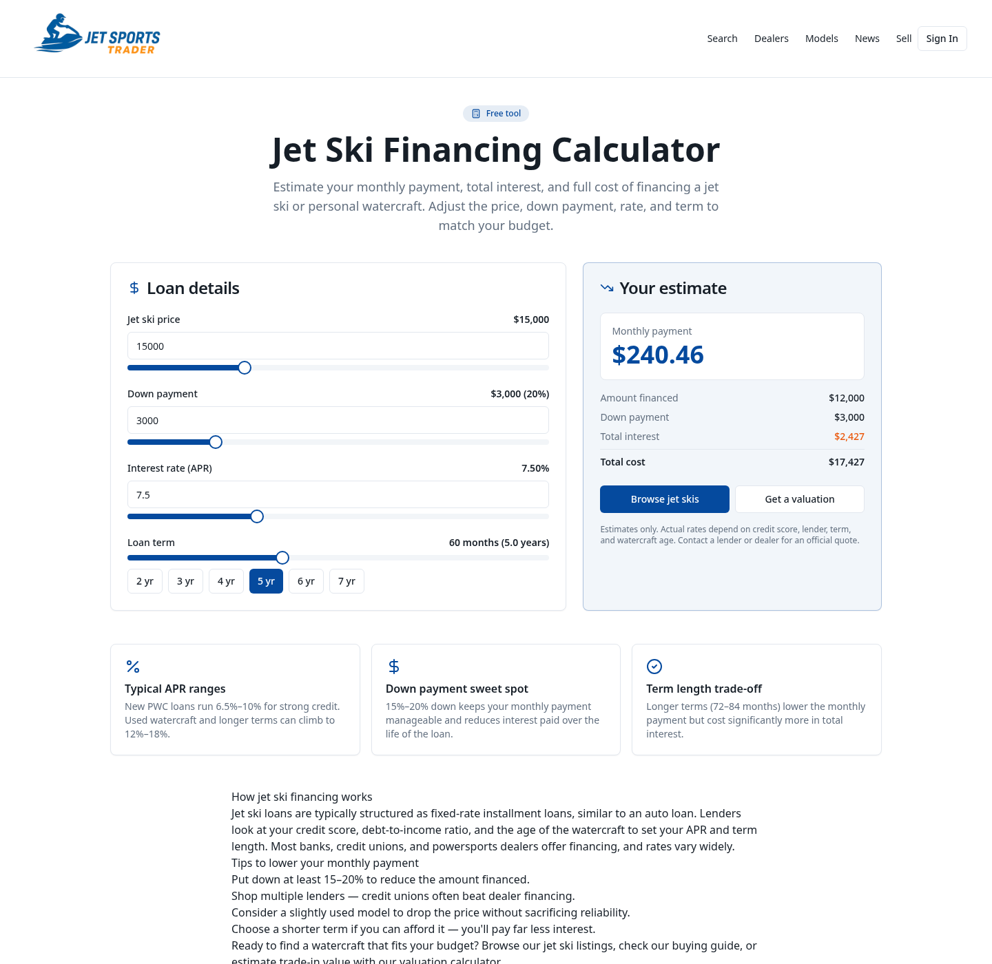 Financing calculator with loan sliders and live monthly payment estimate