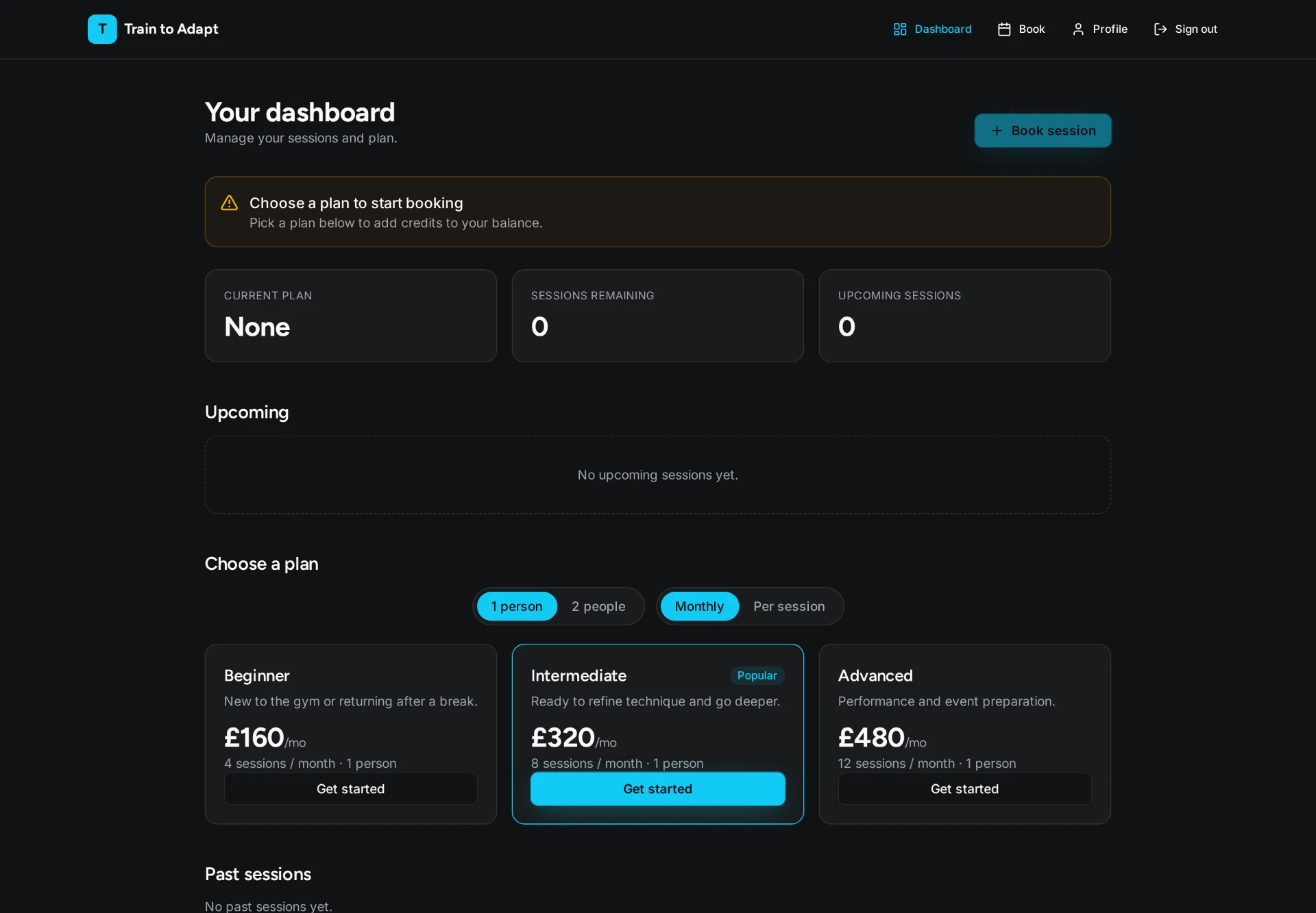 Client dashboard with plan, credits and upcoming sessions