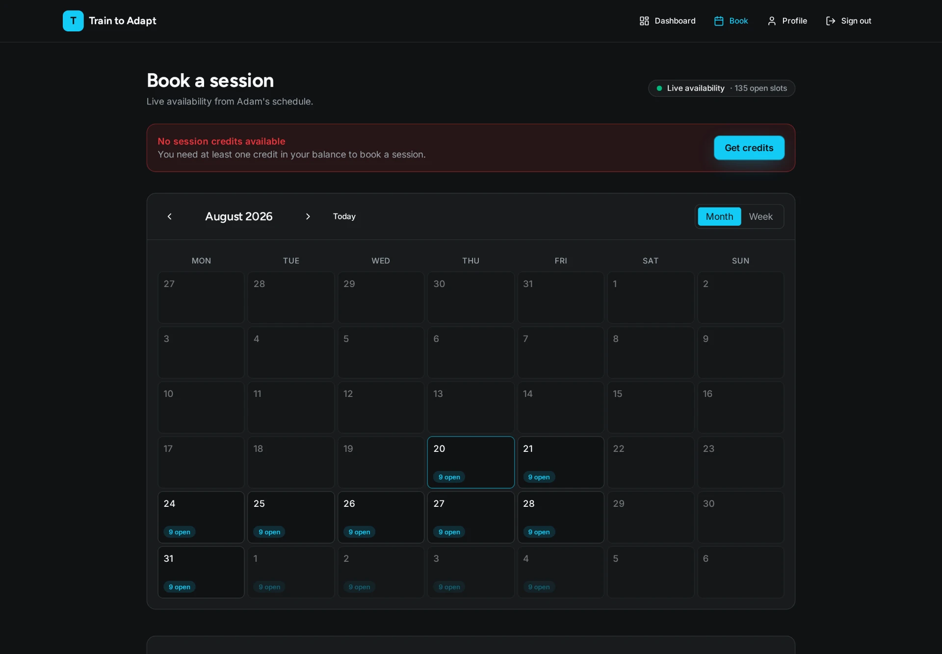 Booking calendar with live availability indicator