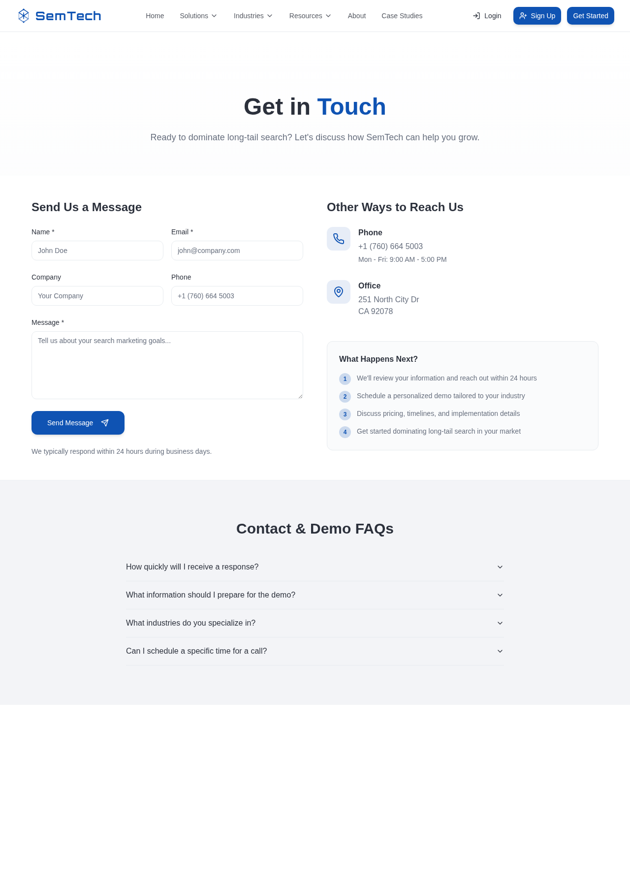 Contact page with enquiry form and FAQs