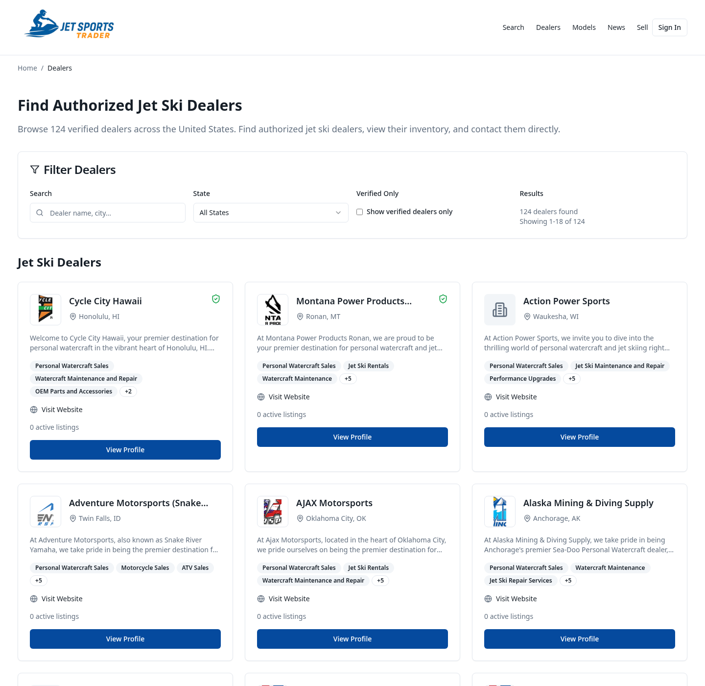 Dealer directory with search, state filter and verified dealer cards