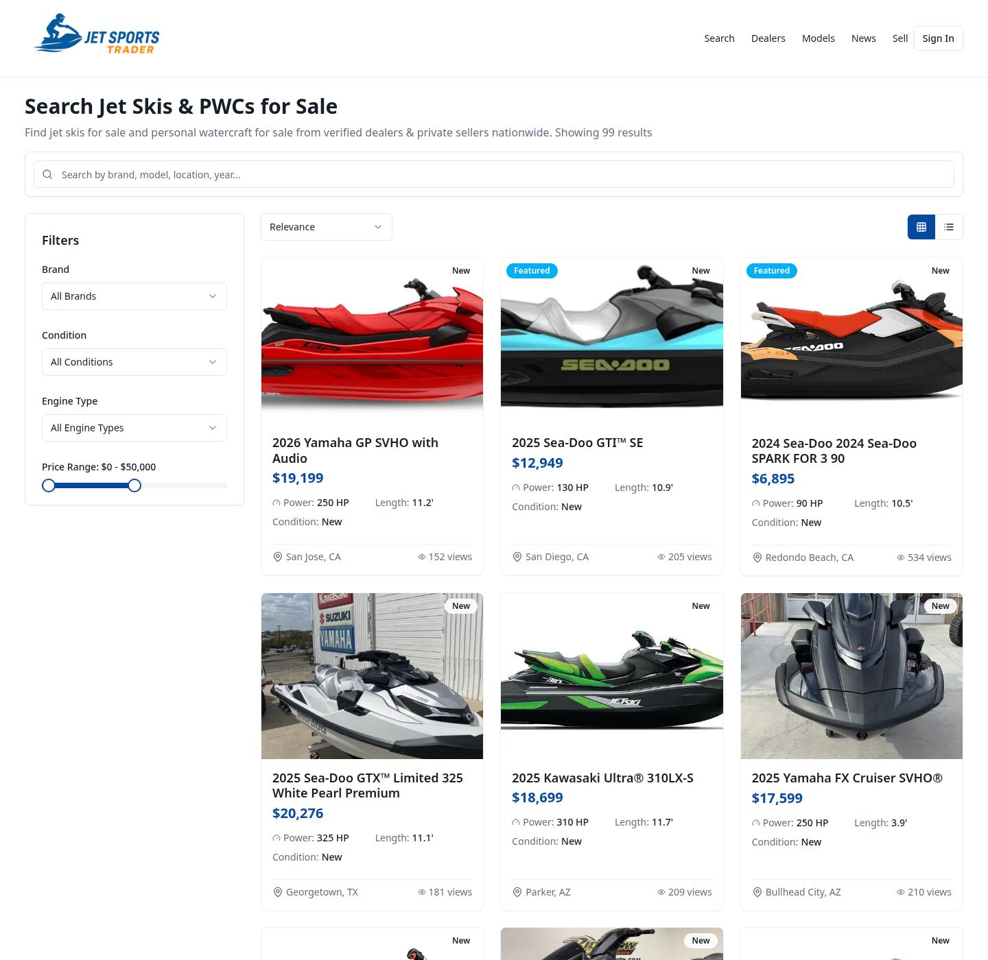 Faceted search results with brand, condition, engine type and price filters