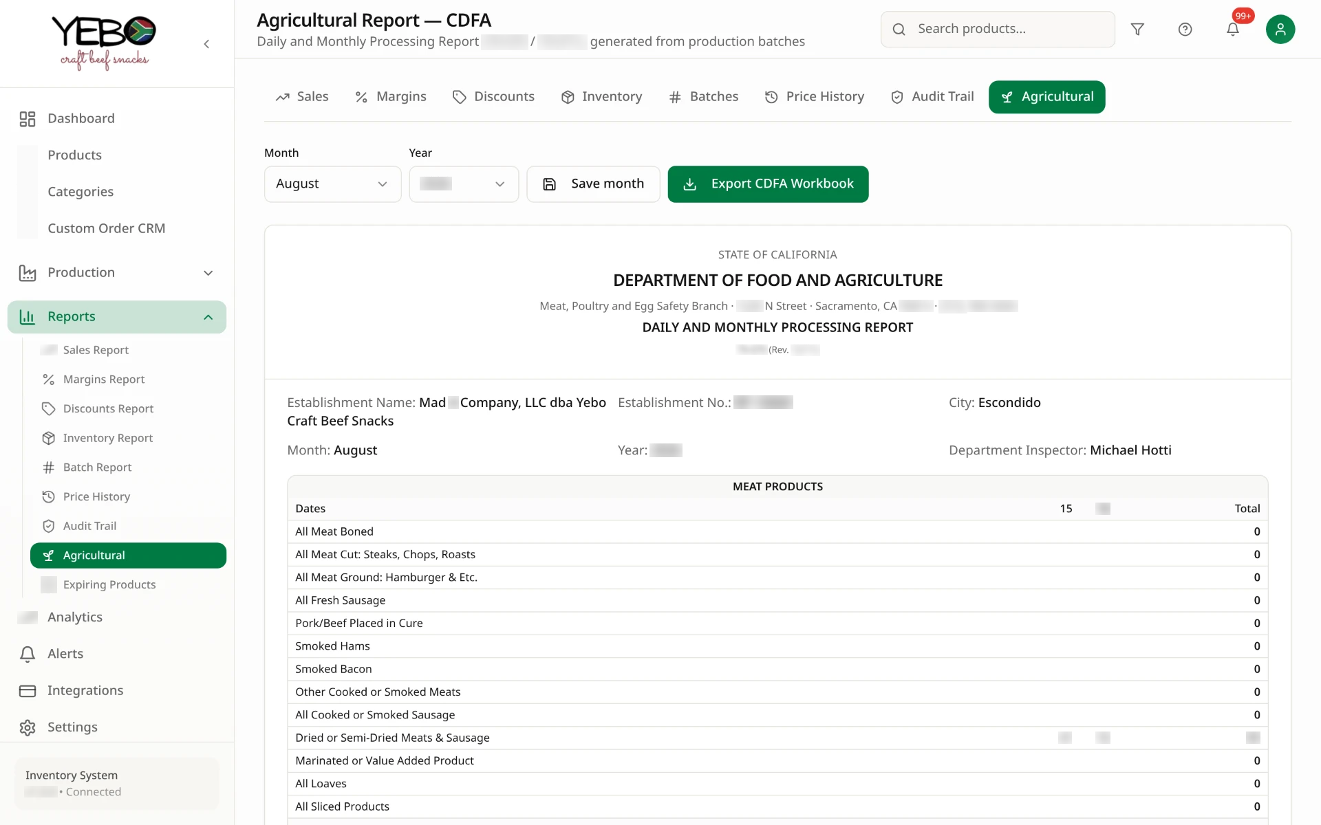 Automated agricultural CDFA processing report in the official format