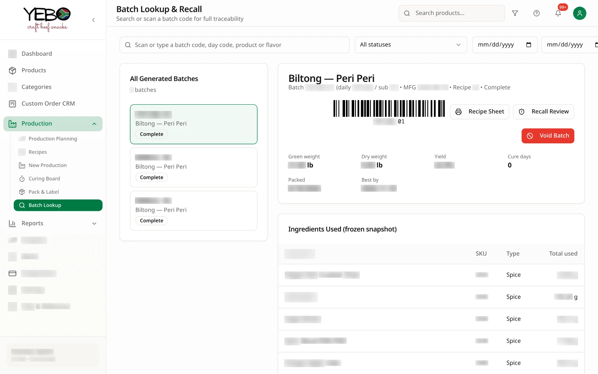 Batch lookup and recall dossier with frozen ingredient snapshot
