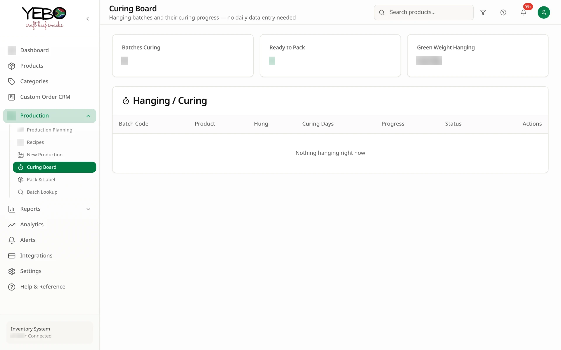 Curing board showing hanging batches and curing progress