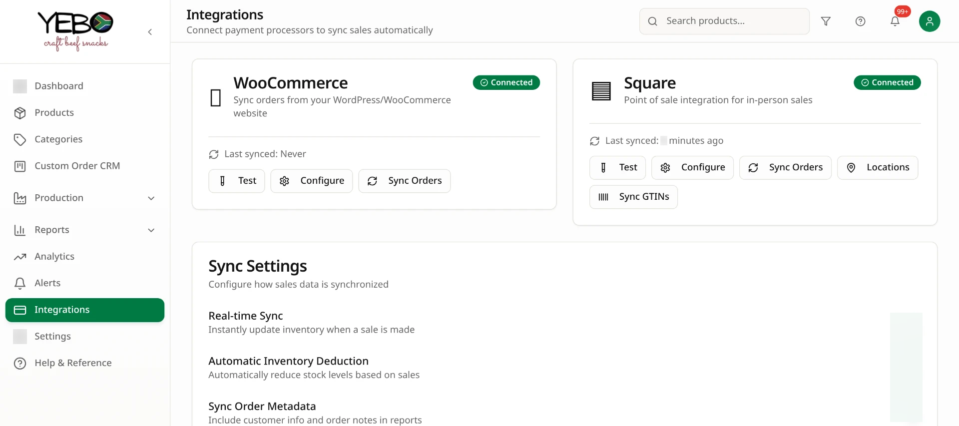 WooCommerce and Square integration settings with sync controls