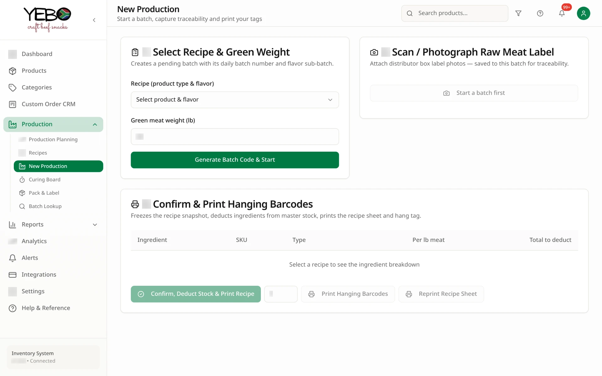 Guided new production wizard with recipe selection and barcode printing