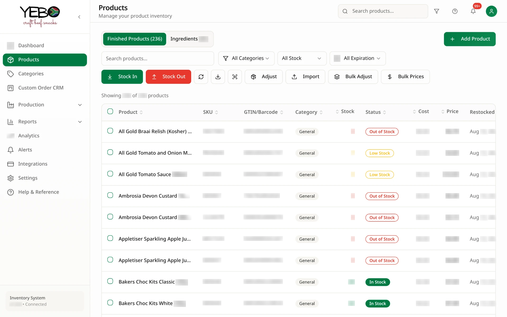 Master product catalogue with inline editing and bulk stock operations